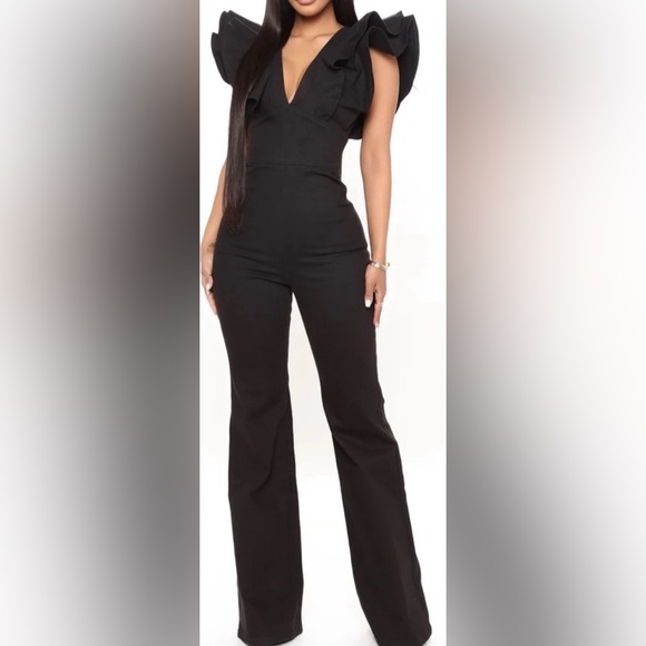 Fashion Nova Pants - "Can’t Deny This"  Denim Jumpsuit Size XS- Black Bell Bottom Pants. Brand New.